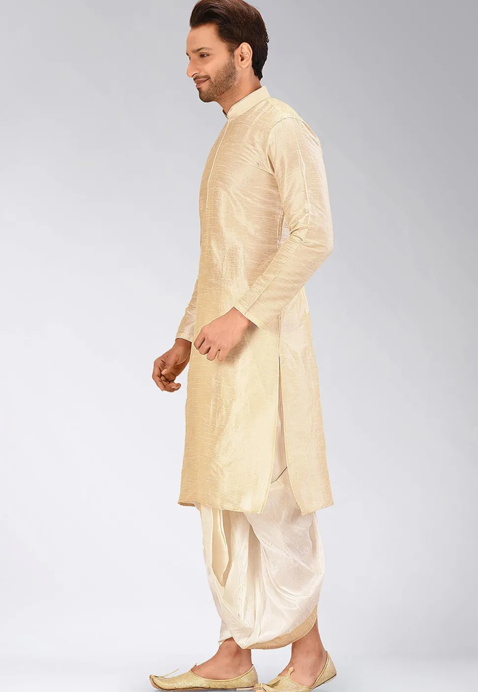 Solid Color Dupion Silk Dhoti Kurta in Beige