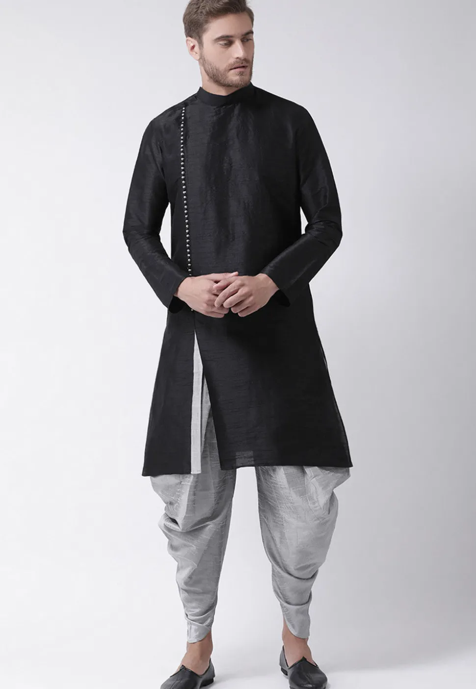 Solid Color Dupion Silk Dhoti Kurta in Black