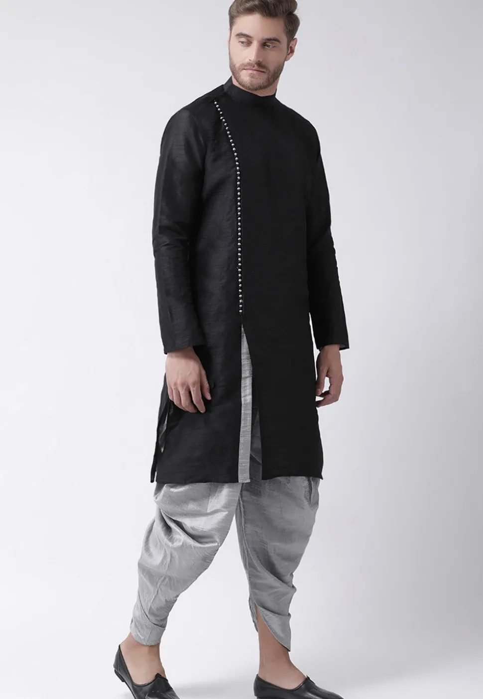 Solid Color Dupion Silk Dhoti Kurta in Black