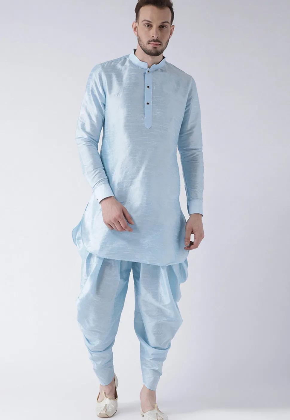 Solid Color Dupion Silk Dhoti Kurta in Sky Blue