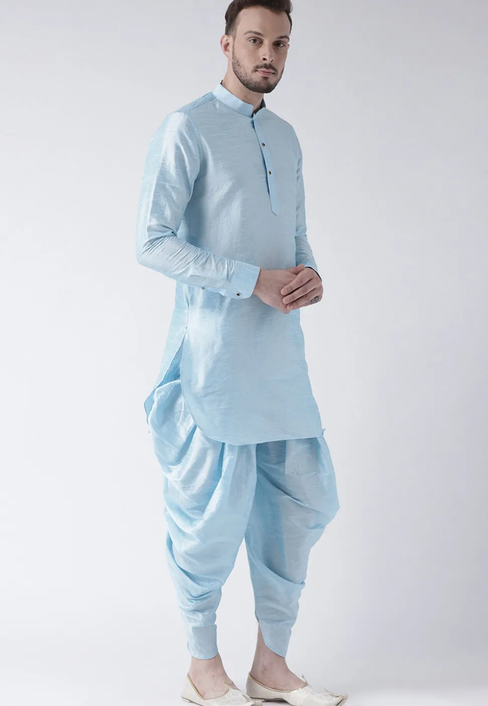 Solid Color Dupion Silk Dhoti Kurta in Sky Blue