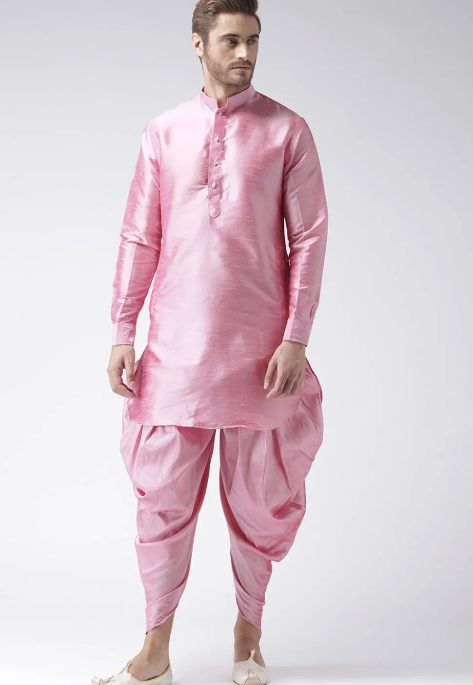 Solid Color Dupion Silk Dhoti Kurta in Pink