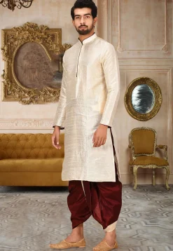 Solid Color Dupion Silk Dhoti Kurta in Light Beige