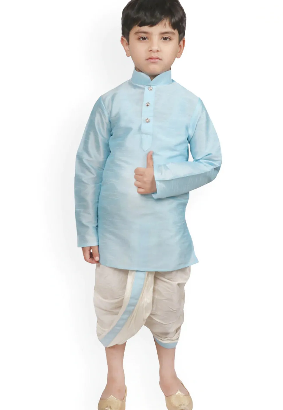 Solid Color Dupion Silk Dhoti Kurta Set in Sky Blue