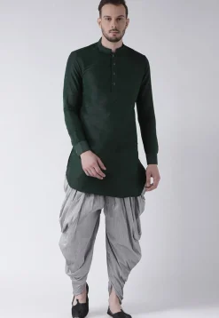 Solid Color Dupion Silk Dhoti Kurta in Dark Green