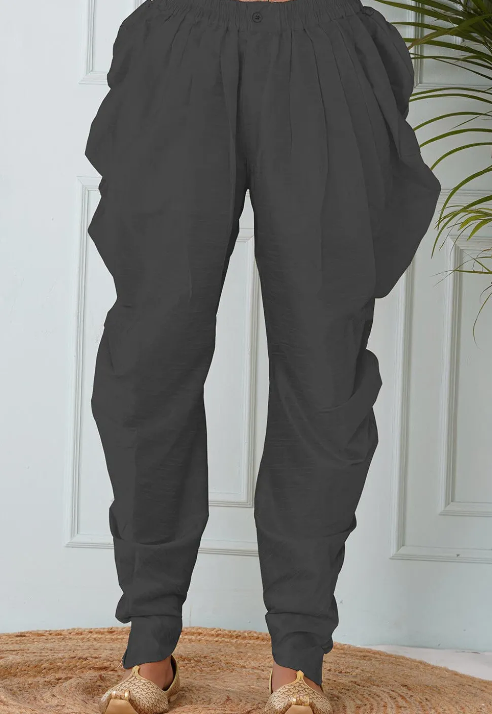 Solid Color Dupion Silk Dhoti in Grey