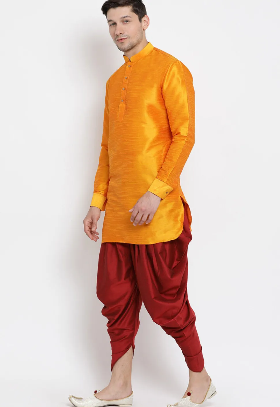 Solid Color Dupion Silk Dhoti Kurta in Mustard