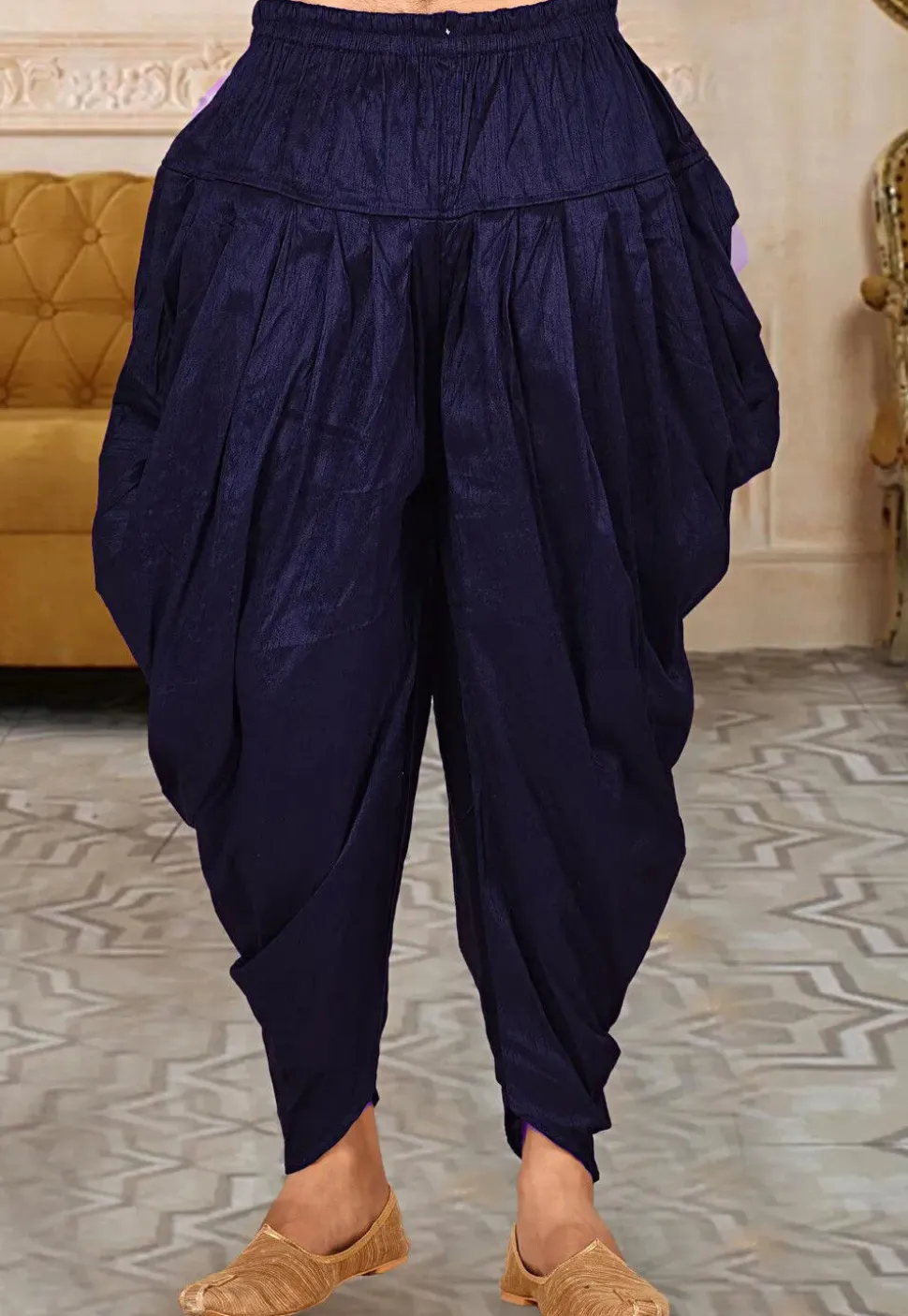 Solid Color Dupion Silk Dhoti Pant in Navy Blue