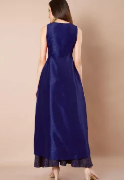 Solid Color Dupion Silk Front Slit Kurta in Navy Blue