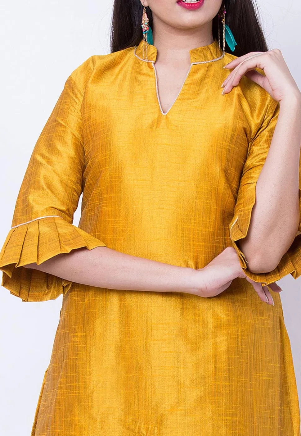 Solid Color Dupion Silk Front Slit Kurta in Mustard