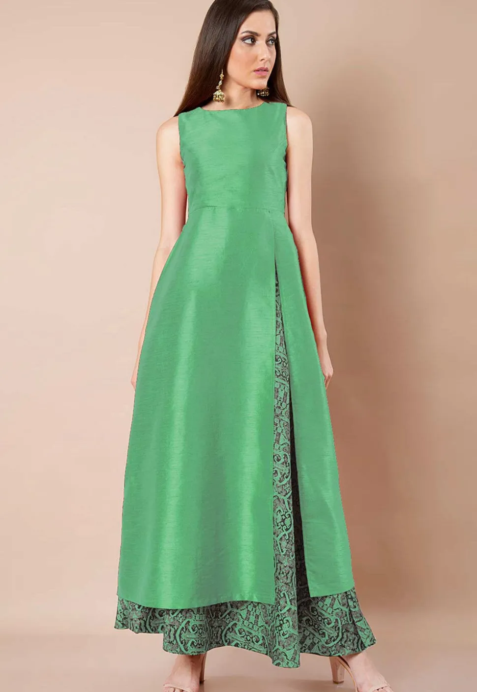 Solid Color Dupion Silk Front Slit Kurta in Light Green