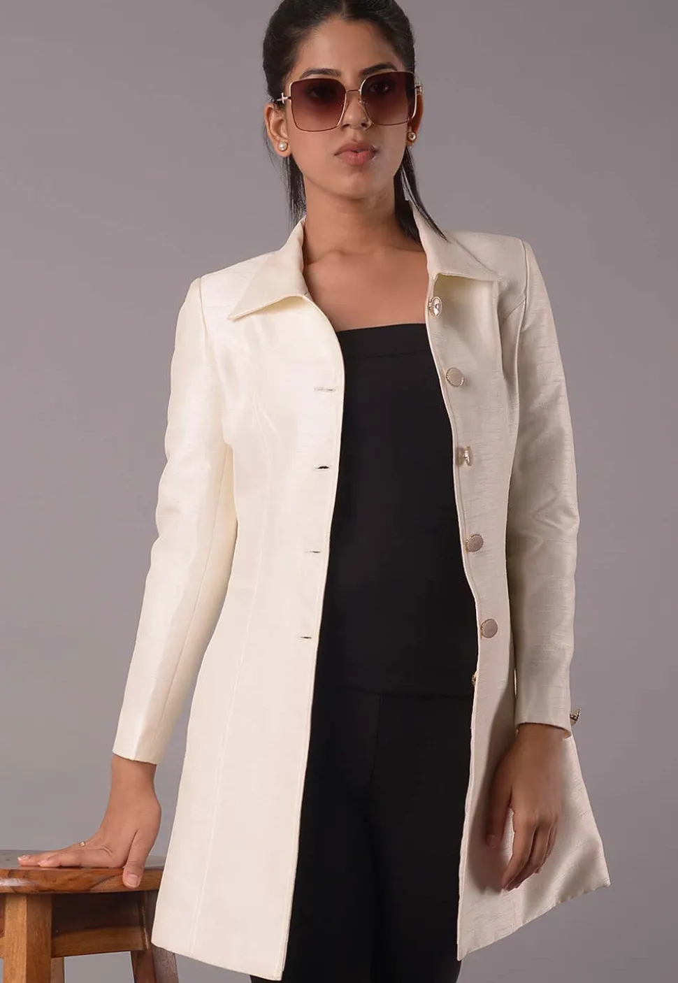 Solid Color Dupion Silk Jacket in Off White