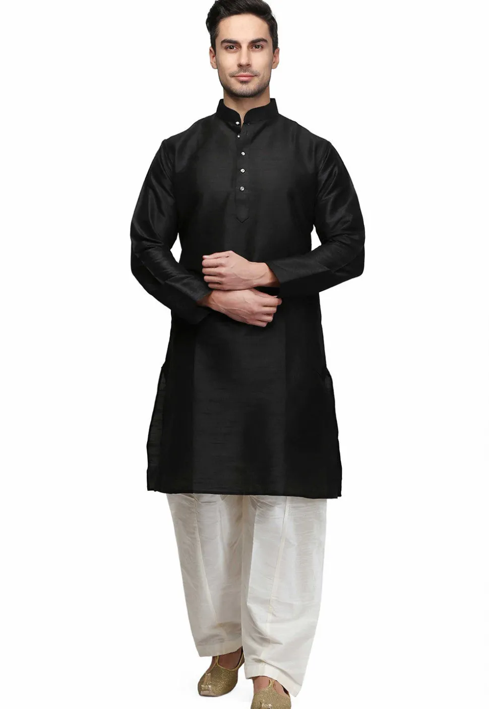 Solid Color Dupion Silk Kurta in Black