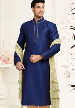 Solid Color Dupion Silk Kurta in Navy Blue