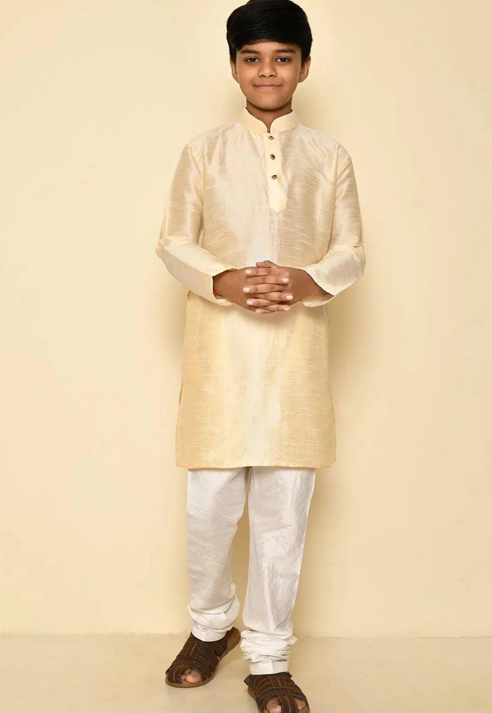 Solid Color Dupion Silk Kurta Set in Light Beige