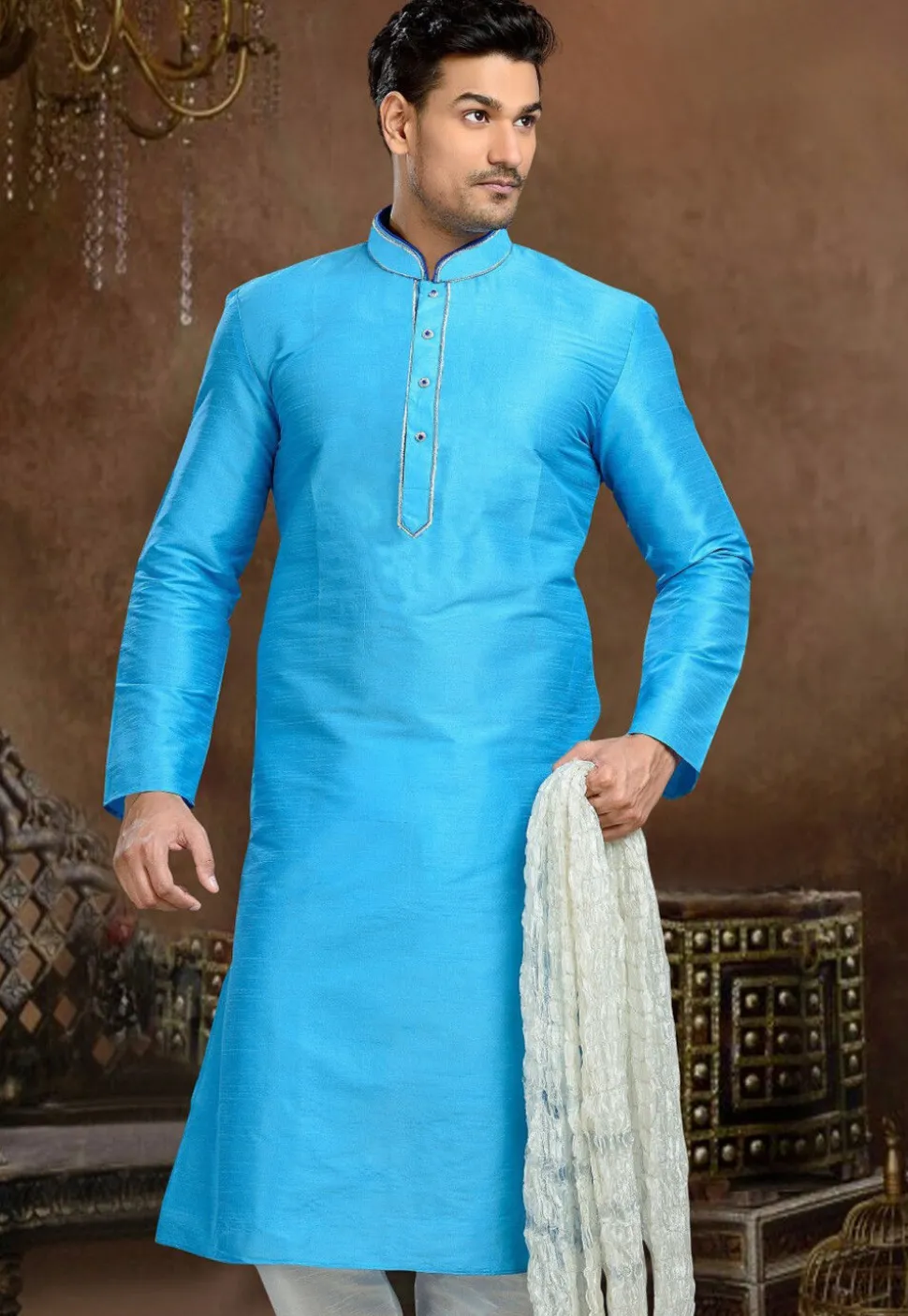 Solid Color Dupion Silk Kurta in Blue