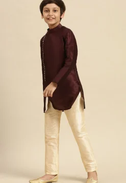 Solid Color Dupion Silk Kurta Pyjama Set in Wine