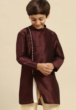 Solid Color Dupion Silk Kurta Pyjama Set in Wine