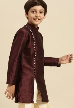 Solid Color Dupion Silk Kurta Pyjama Set in Wine