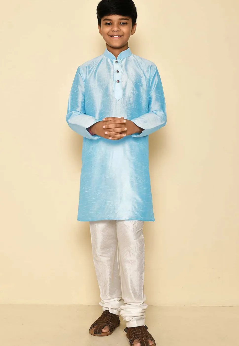 Solid Color Dupion Silk Kurta Set in Light Blue