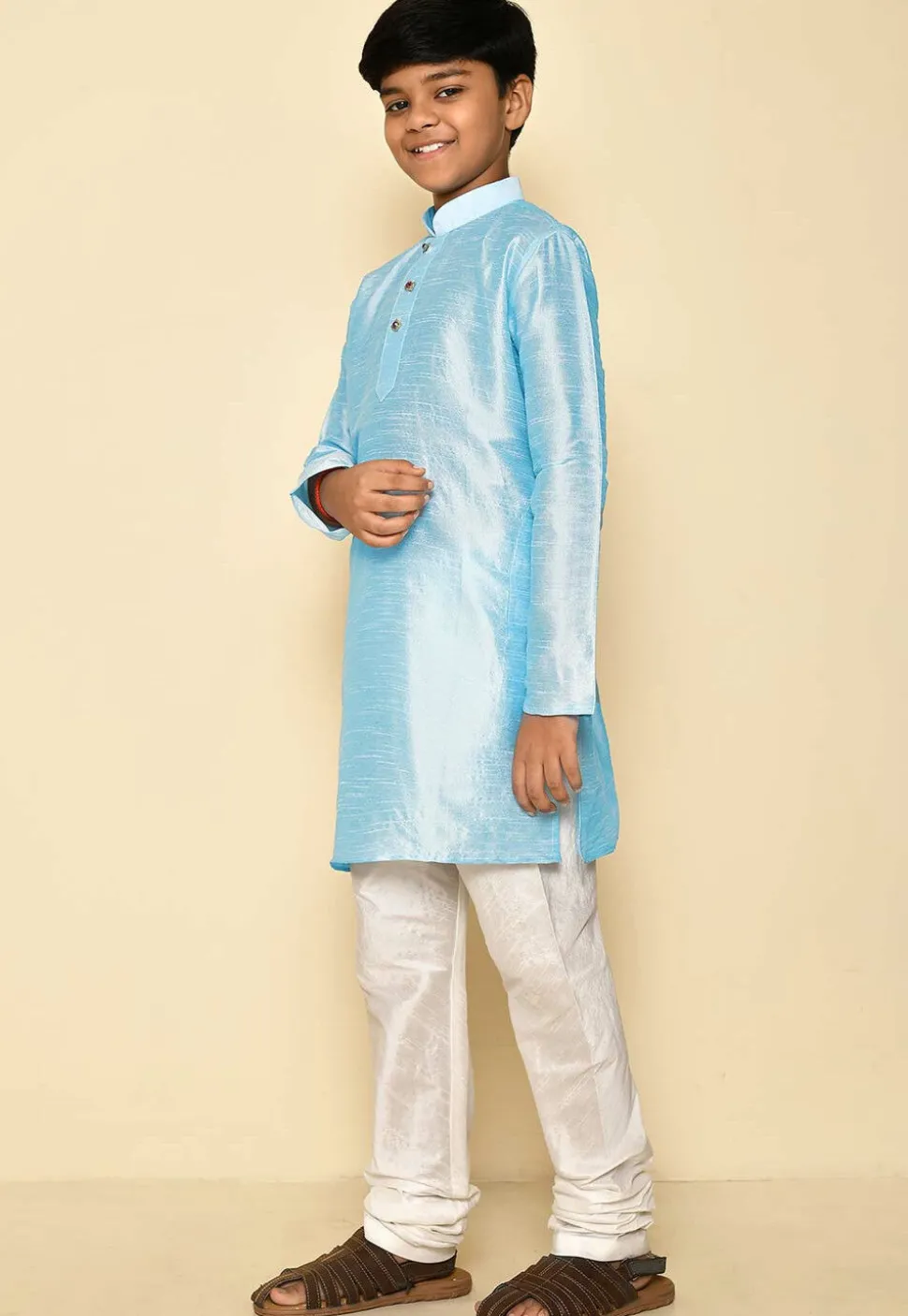 Solid Color Dupion Silk Kurta Set in Light Blue