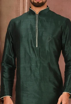 Solid Color Dupion Silk Kurta Set in Dark Green