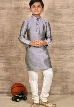 Solid Color Dupion Silk Kurta in Grey