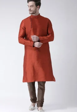 Solid Color Dupion Silk Kurta Set in Rust