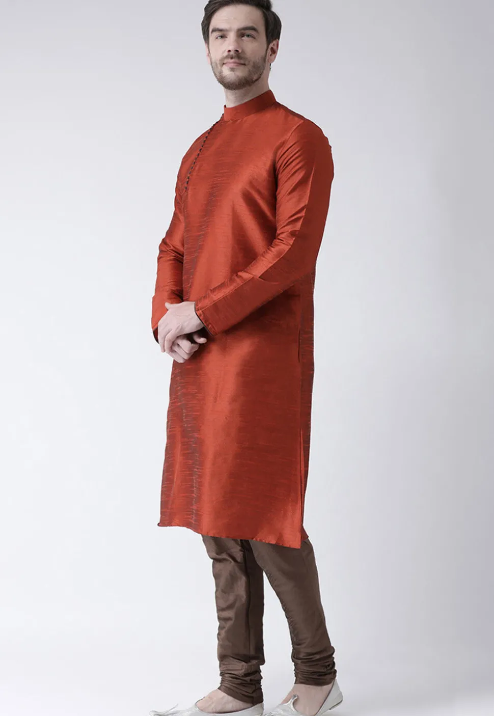 Solid Color Dupion Silk Kurta Set in Rust