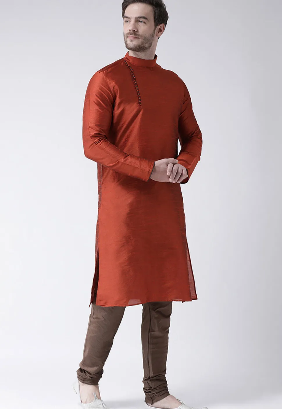 Solid Color Dupion Silk Kurta Set in Rust