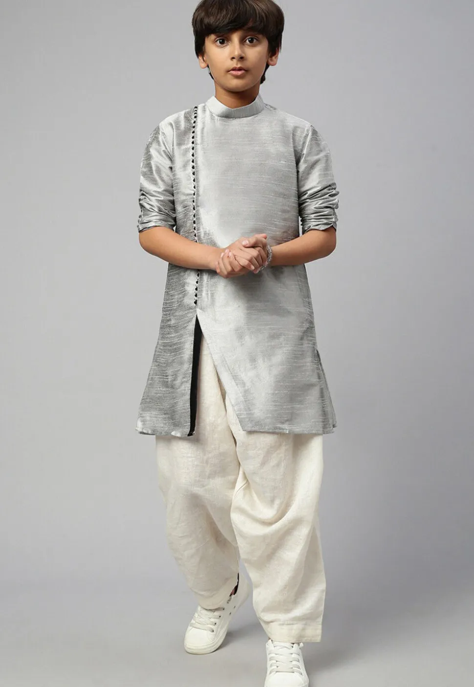 Solid Color Dupion Silk Kurta Dhoti Set in Grey