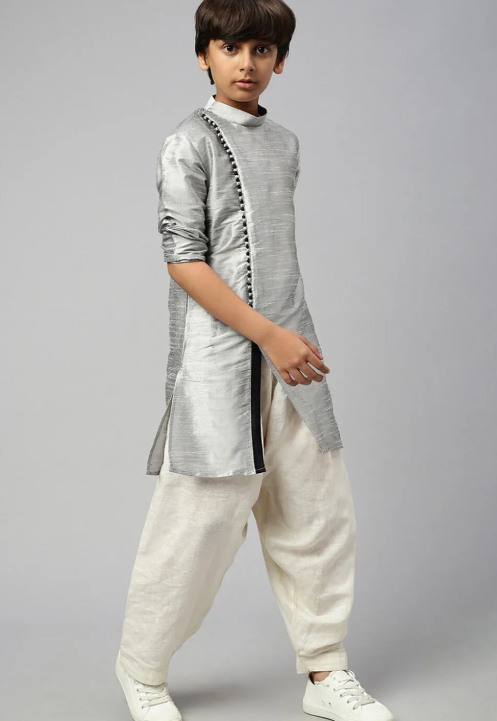 Solid Color Dupion Silk Kurta Dhoti Set in Grey