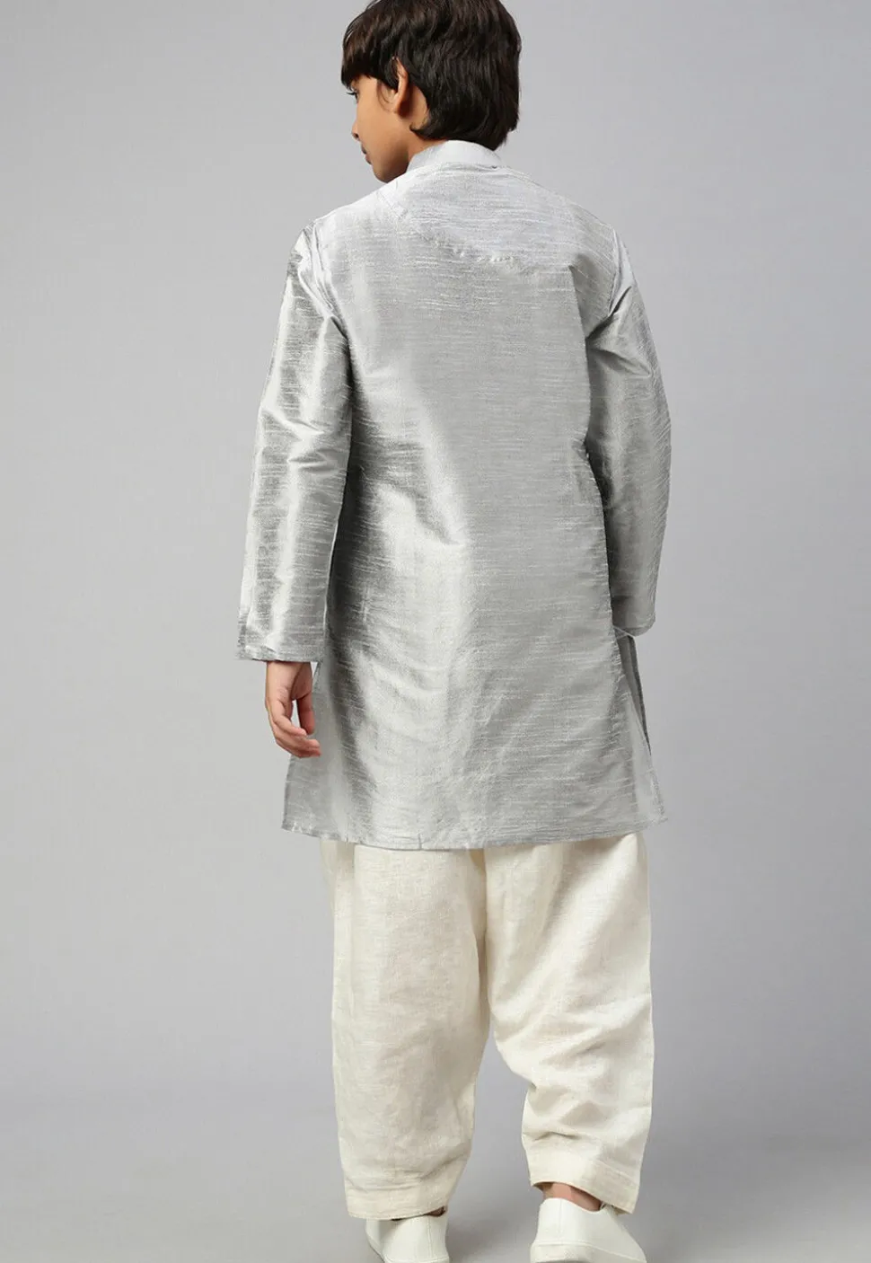 Solid Color Dupion Silk Kurta Dhoti Set in Grey