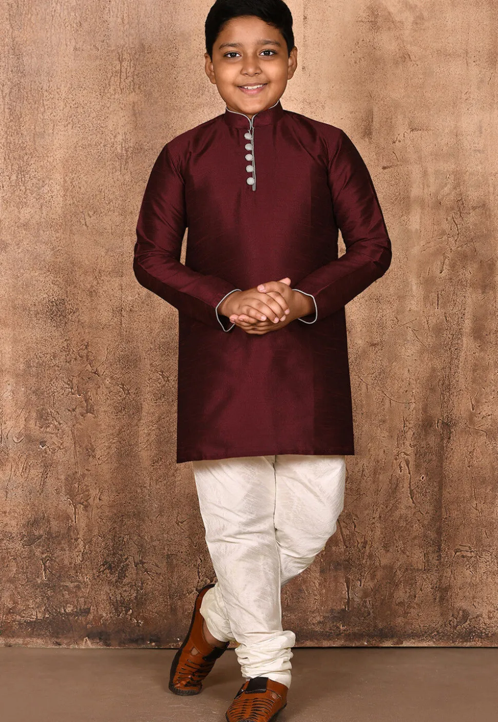 Solid Color Dupion Silk Kurta Set in Maroon