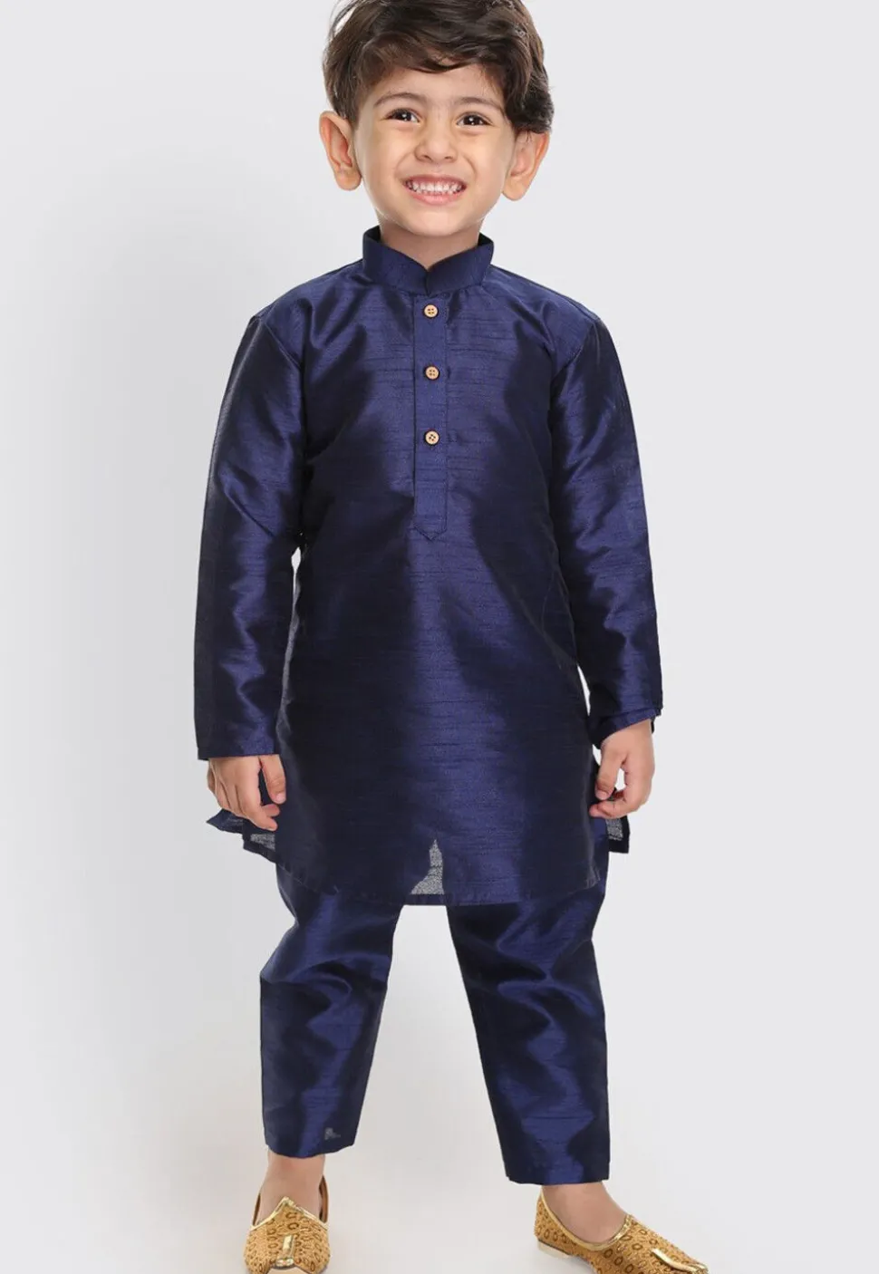 Solid Color Dupion Silk Kurta Set in Navy Blue