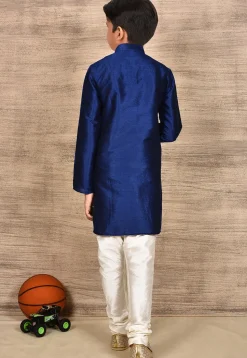 Solid Color Dupion Silk Kurta Set in Navy Blue