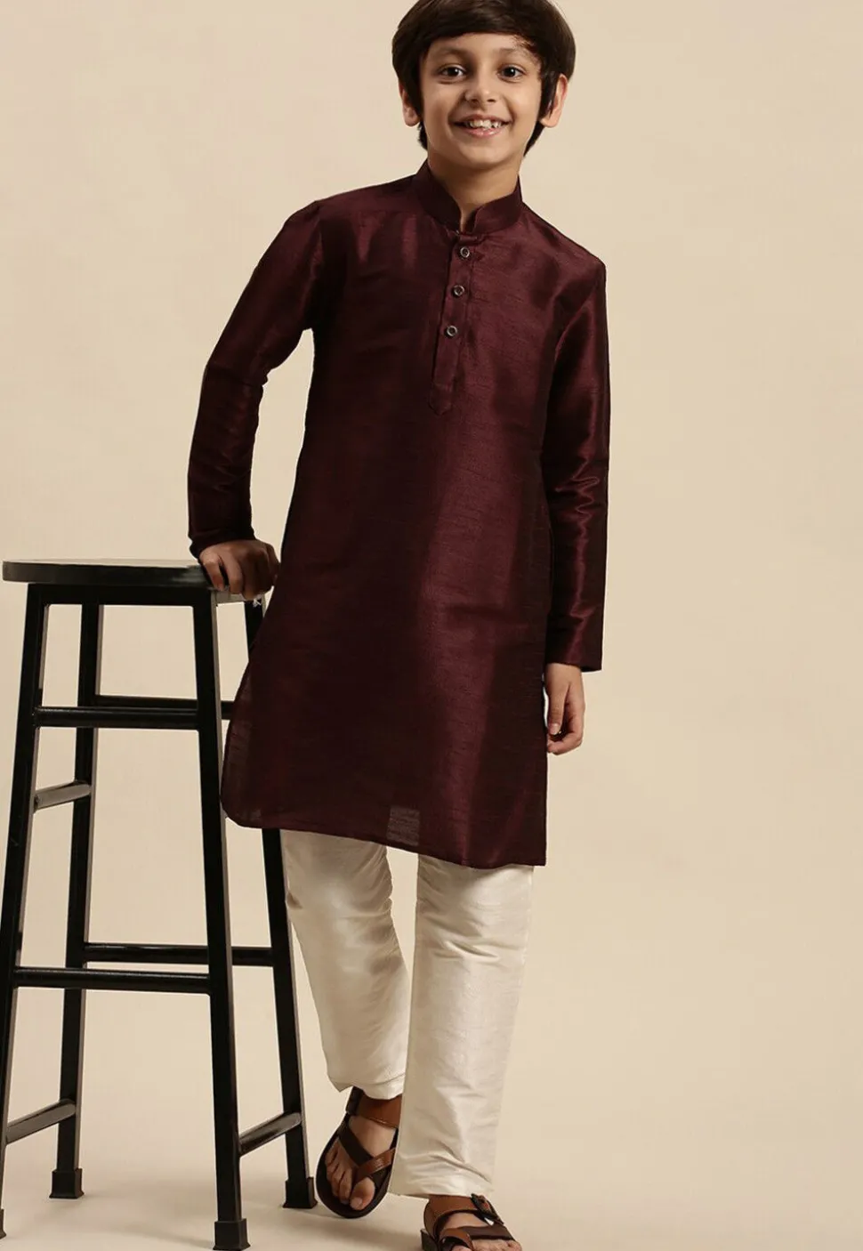 Solid Color Dupion Silk Kurta Pyjama Set in Wine