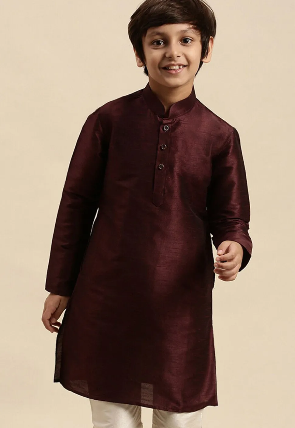 Solid Color Dupion Silk Kurta Pyjama Set in Wine
