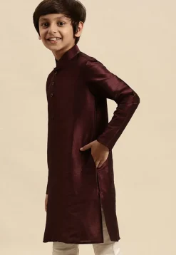 Solid Color Dupion Silk Kurta Pyjama Set in Wine