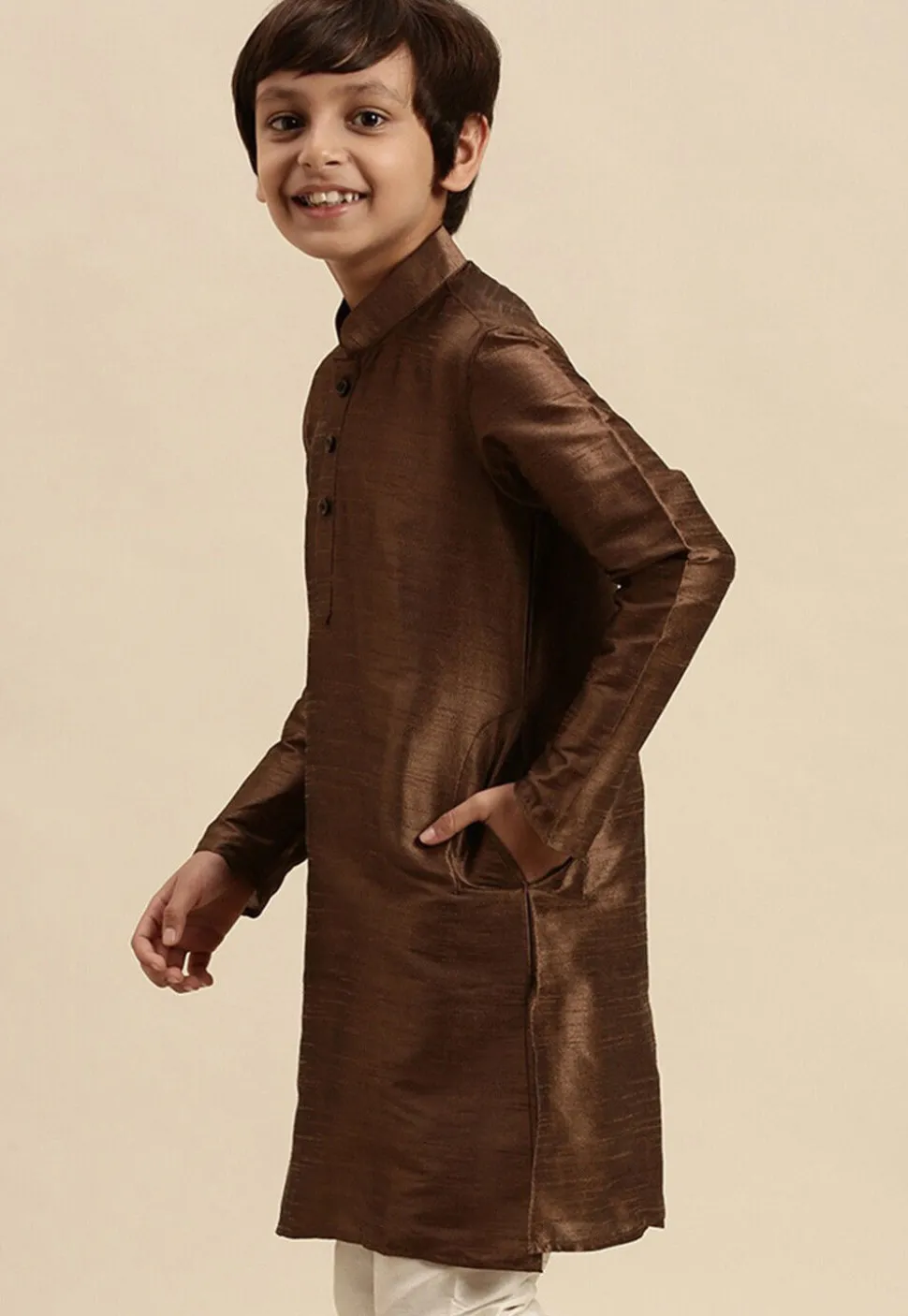 Solid Color Dupion Silk Kurta in Brown