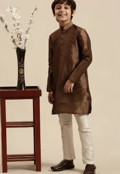 Solid Color Dupion Silk Kurta in Brown