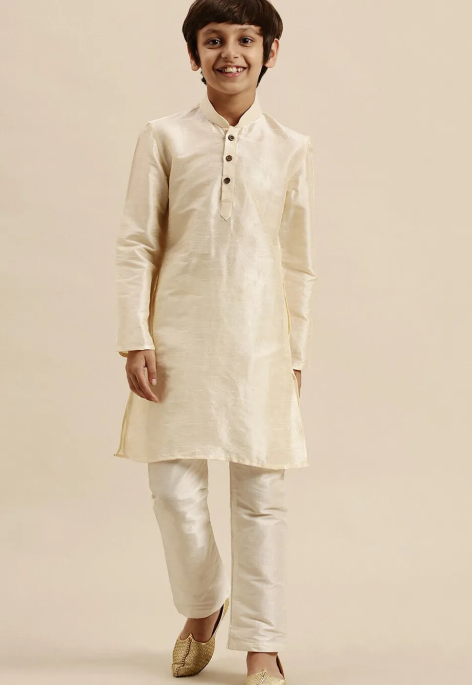 Solid Color Dupion Silk Kurta Pyjama Set in Cream