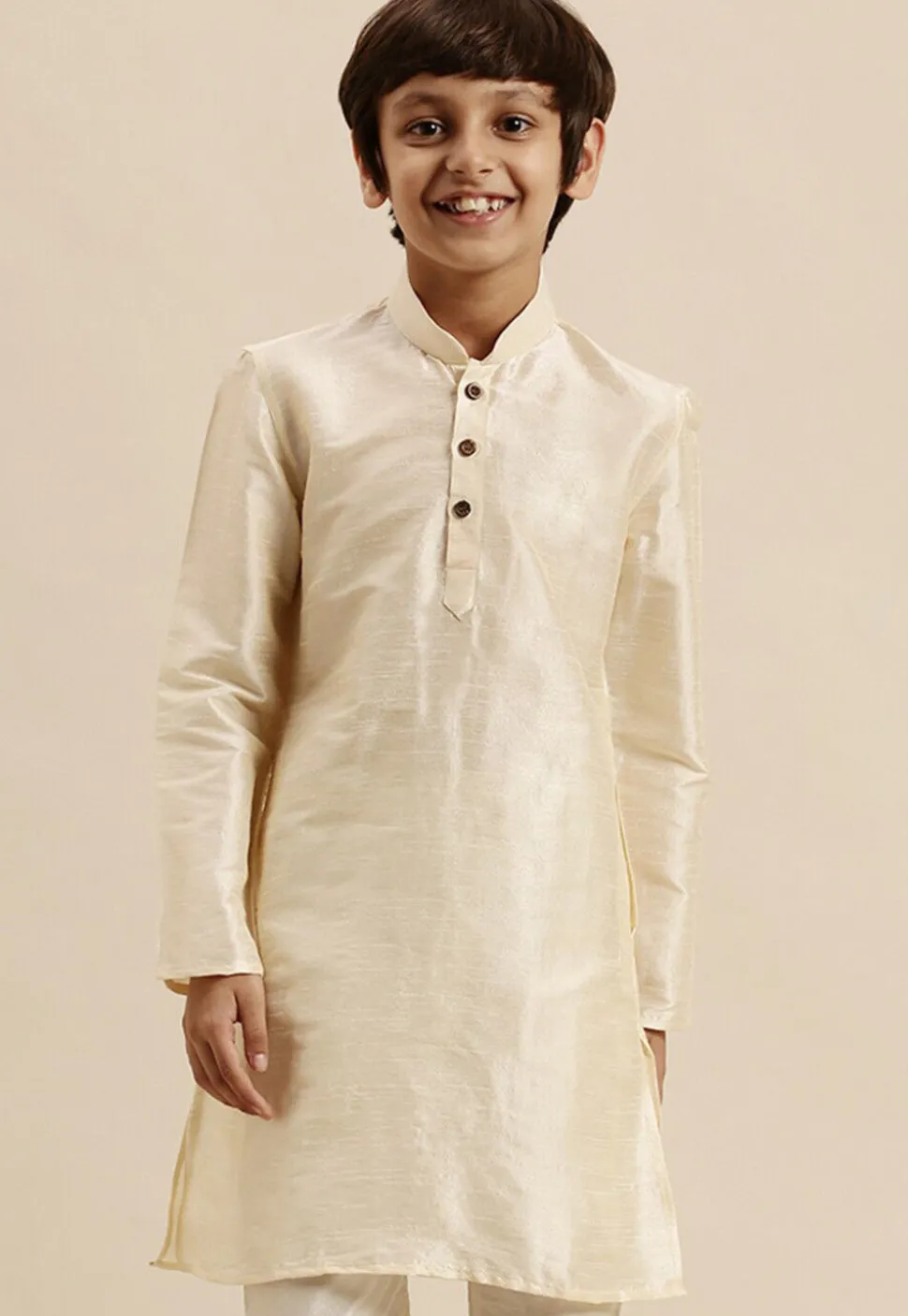 Solid Color Dupion Silk Kurta Pyjama Set in Cream