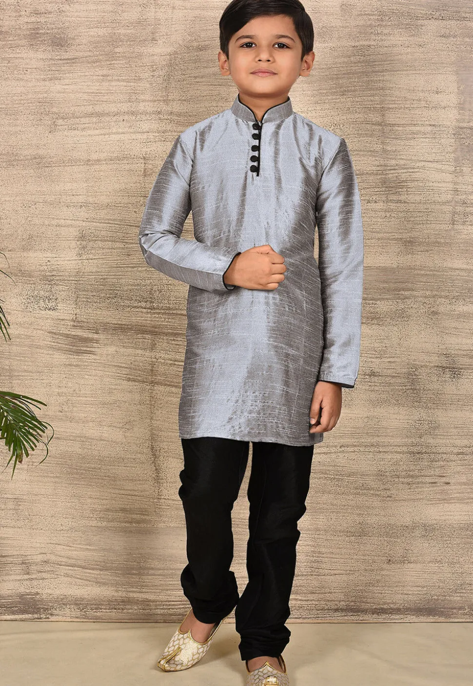 Solid Color Dupion Silk Kurta Set in Grey