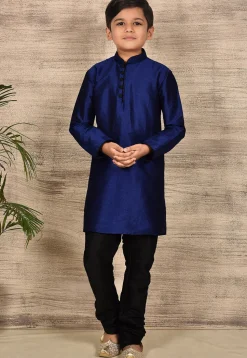 Solid Color Dupion Silk Kurta Set in Navy Blue