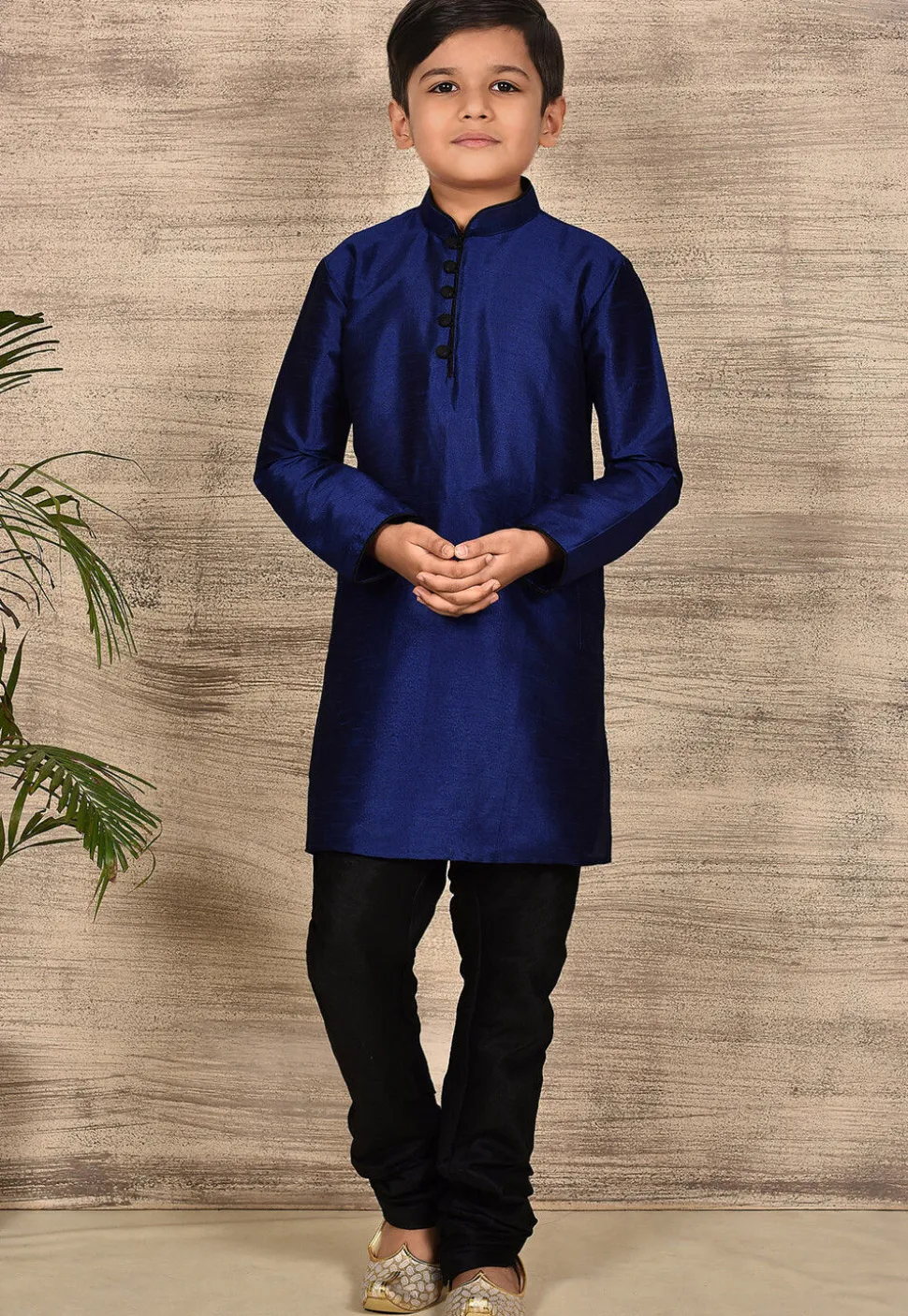 Solid Color Dupion Silk Kurta Set in Navy Blue