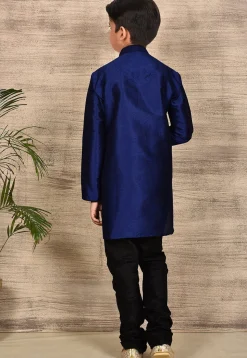 Solid Color Dupion Silk Kurta Set in Navy Blue