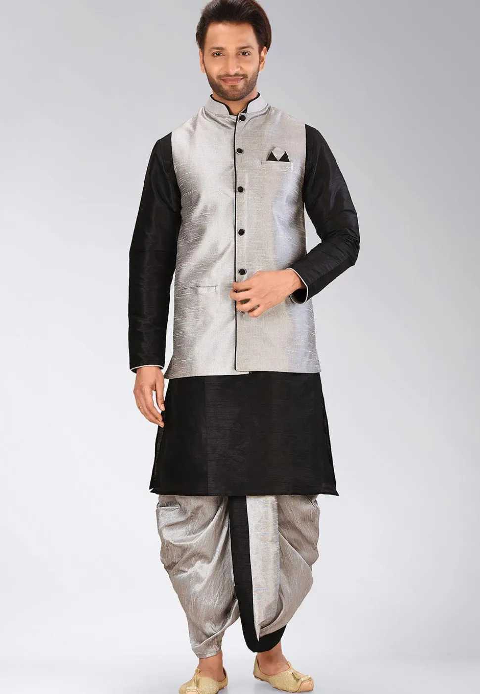 Solid Color Dupion Silk Kurta Jacket Set in Black