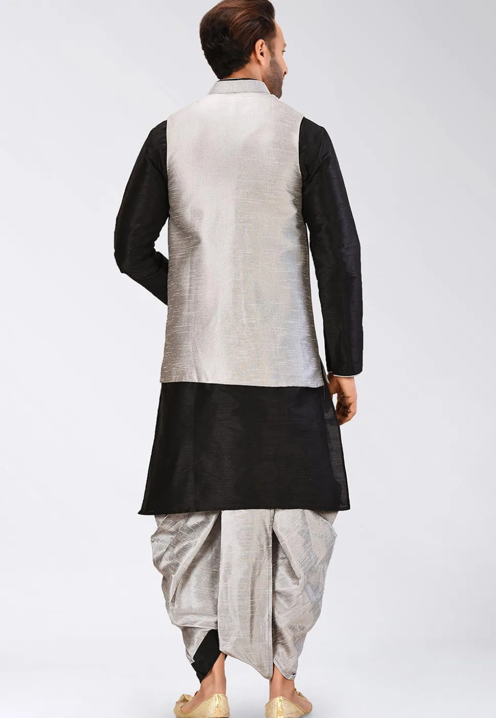 Solid Color Dupion Silk Kurta Jacket Set in Black