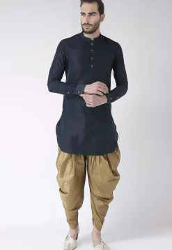 Solid Color Dupion Silk Kurta Set in Navy Blue